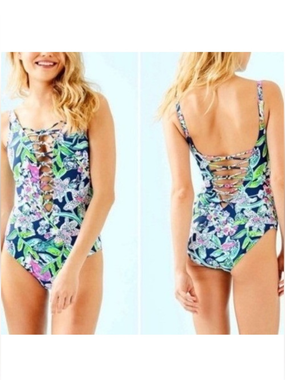 Lilly Pulitzer Isle Lattice One Piece Swim Suit In Deep Sea Navy Sway This Way - Picture 2 of 4